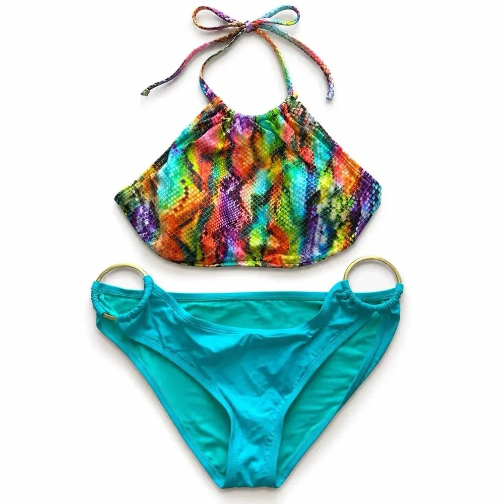 Vitamin A Soleil Womens M Bikini Set Turquoise Snake Print Ring Bottom NWT